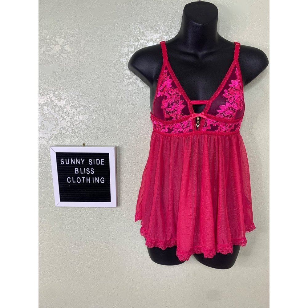 Seven Til Midnight Hot Pink Sheer Lace Babydoll Lingerie Dress Size Small